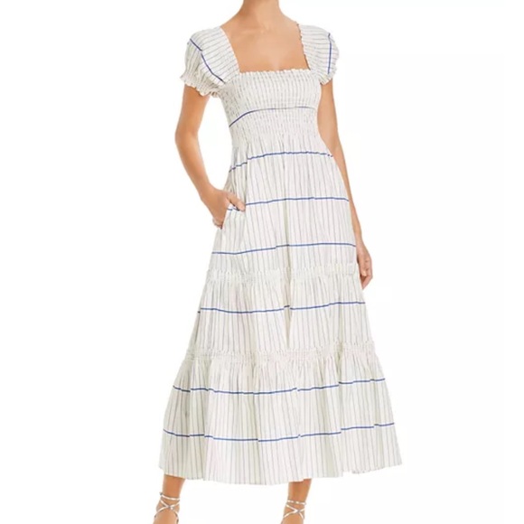 Tory Burch White and Blue Striped smocked Midi Dress - Small - Picture 2 of 6